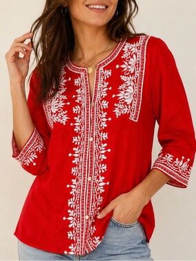 VTG Caro of Honolulu Red Embroidered Boho Tunic Top White Floral Folk S